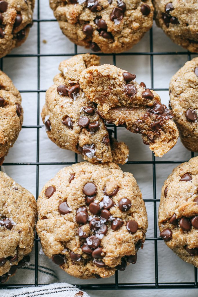 Chocolate chip cookies on a cooling rack