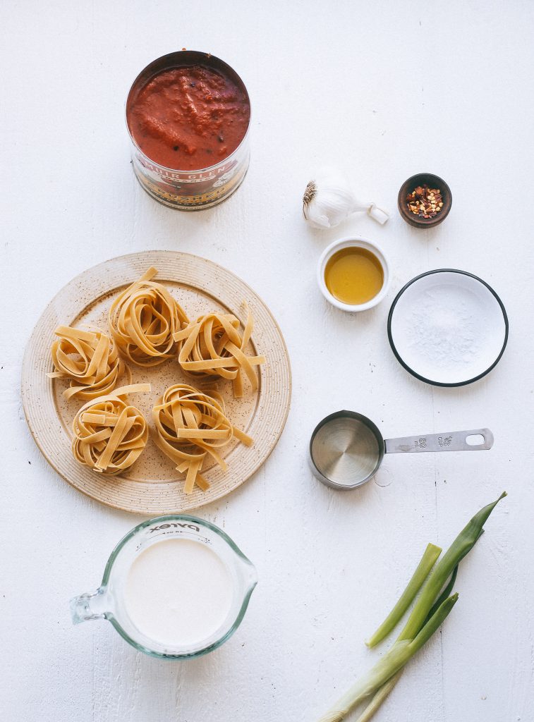 ingredient layout shot for vodka sauce pasta 