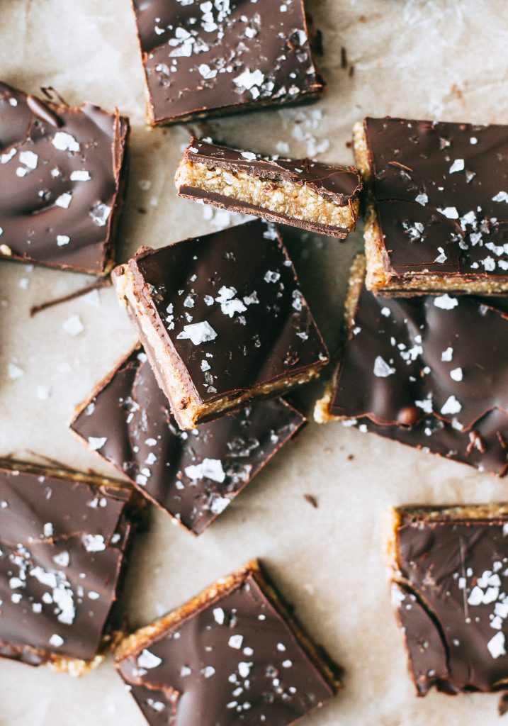 cookie dough chocolate bark with sea salt on parchment paper
