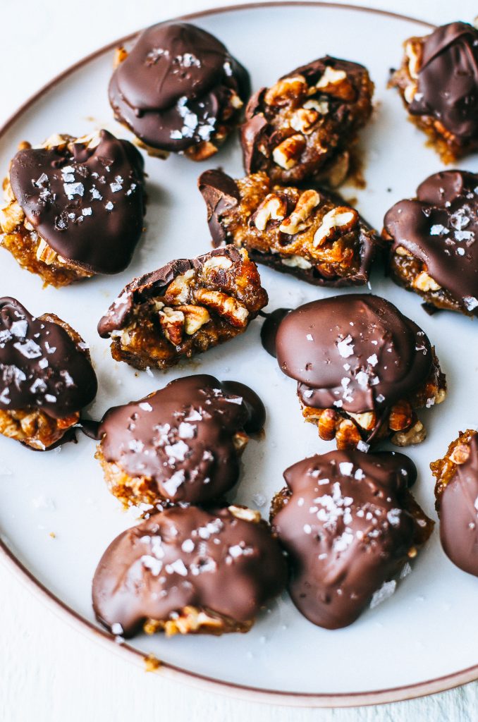 vegan chocolate turtle truffles on white plate