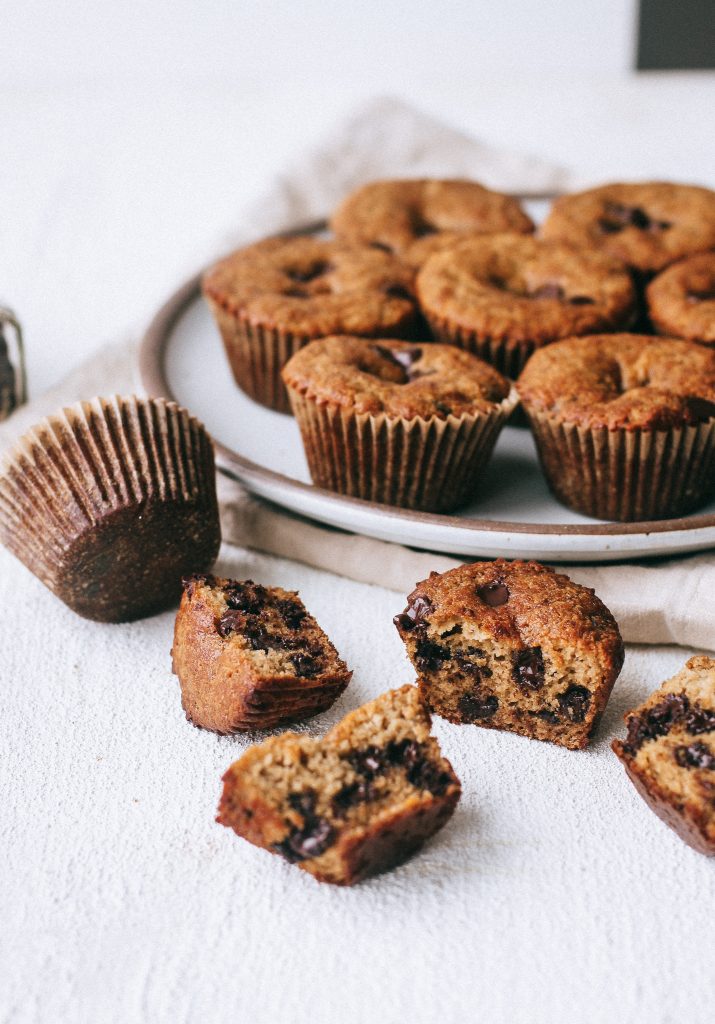 chocolate chip muffins on a plate and sliced in half