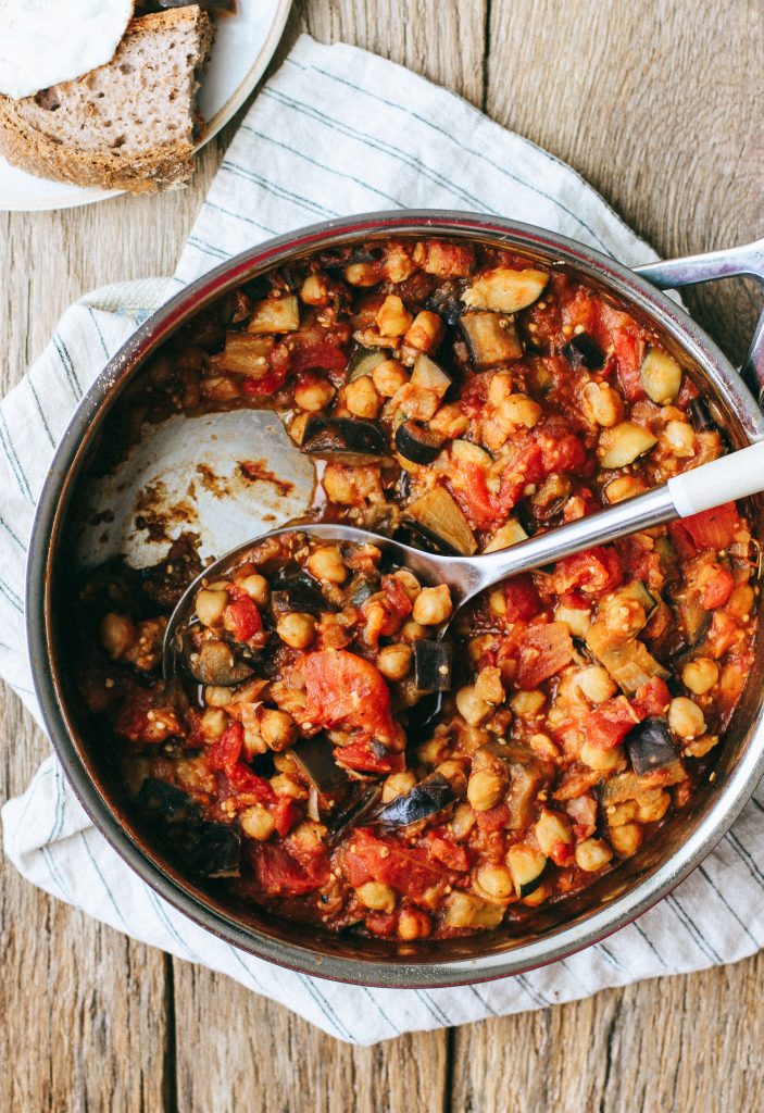 zucchini and eggplant and chickpea sauce in a pot
