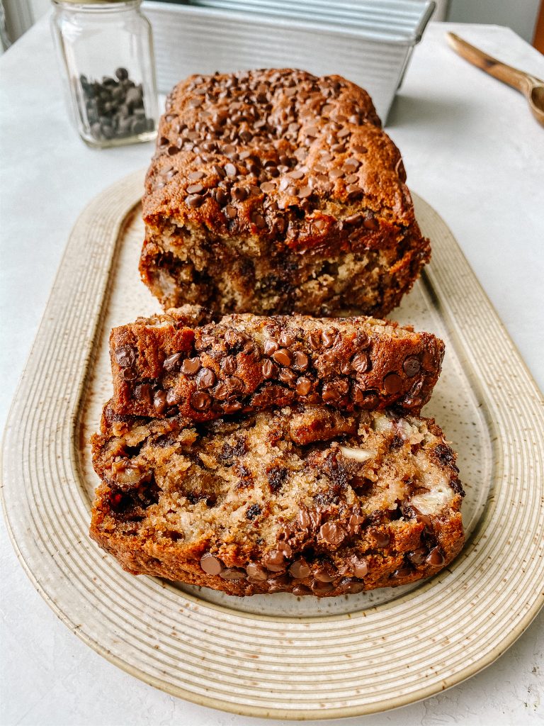 banana bread loaf on a plate