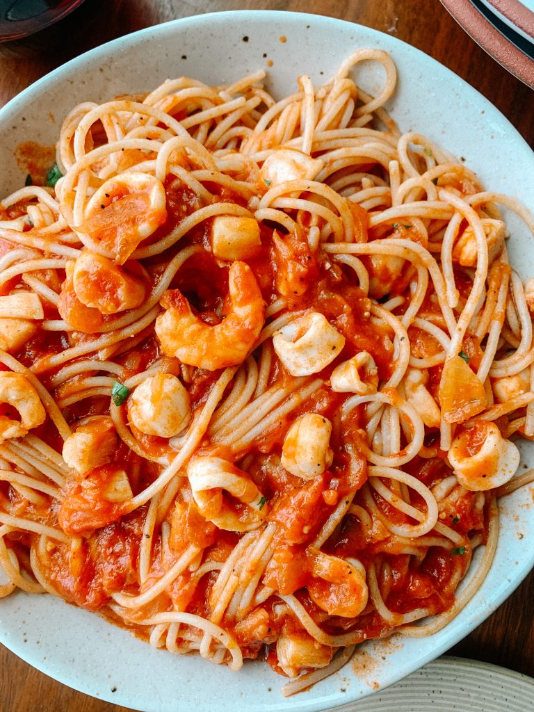 seafood pasta in a bowl 