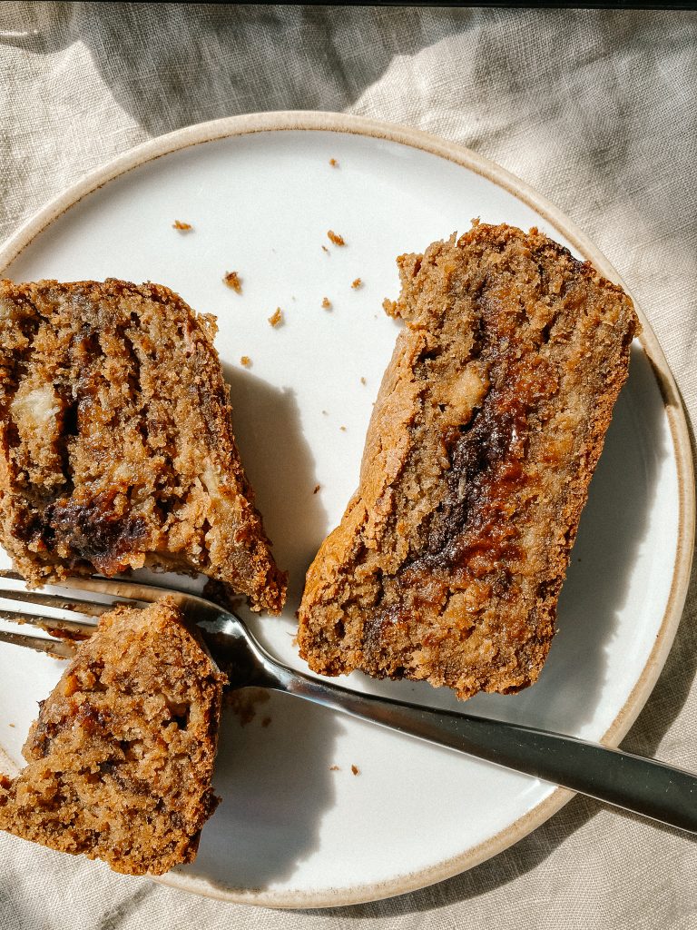 banana bread slices on plate with fork 