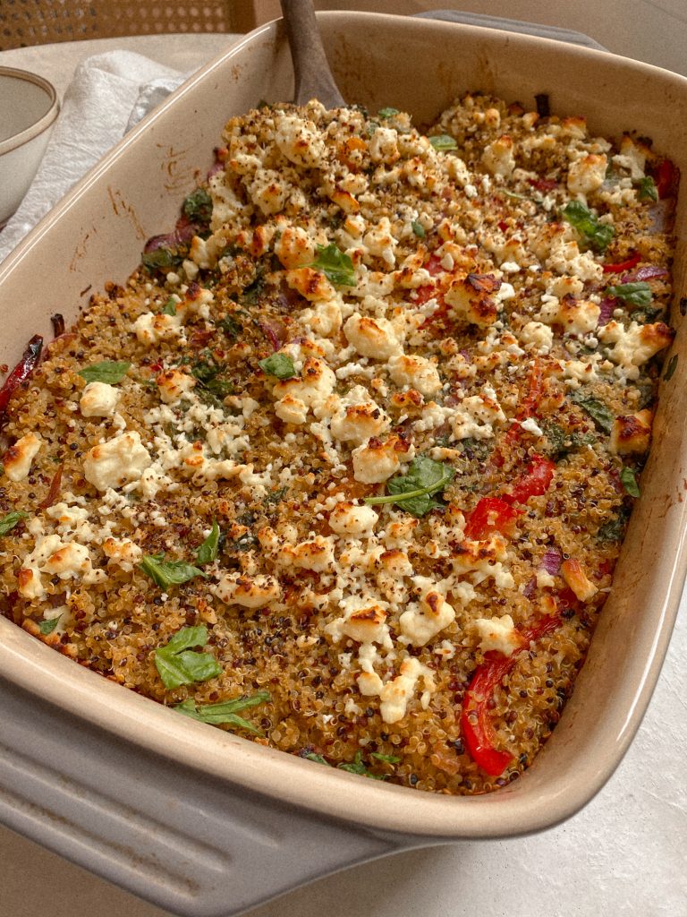 quinoa veggie and feta bake in baking dish