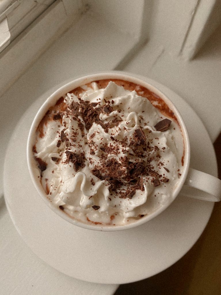 peppermint hot chocolate in a white mug with whipped cream and chocolate shavings