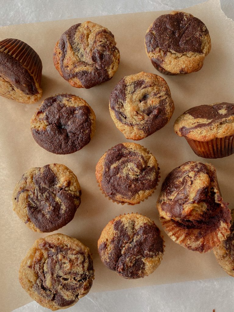 marble chocolate banana muffins brown parchment paper