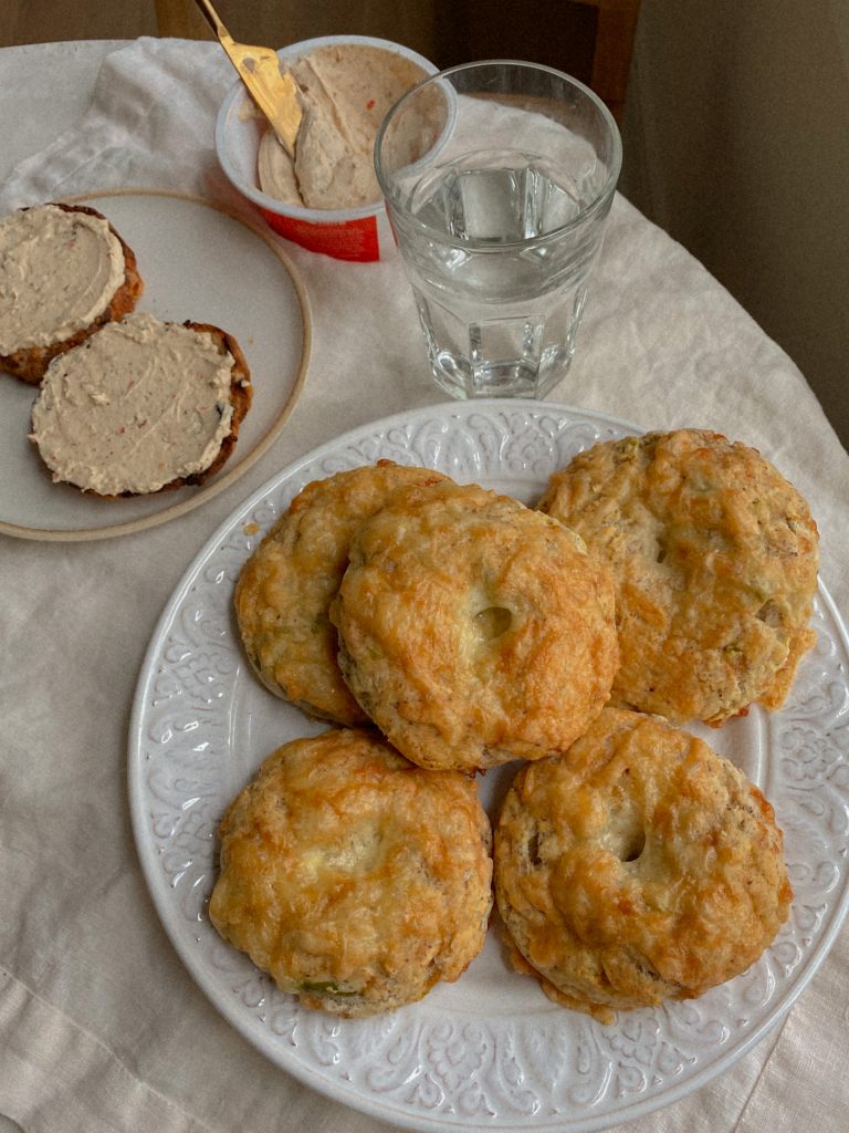 Gluten Free and Nut Homemade Free Cheddar Jalapeño Bagels Recipe on a white glass plate