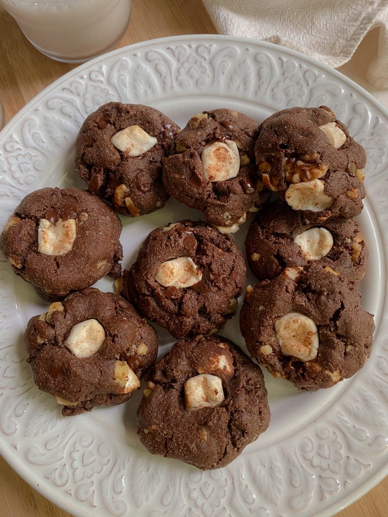 Gluten Free Rocky Road Cookie Recipe with Marshmallows and walnuts on a white glass plate