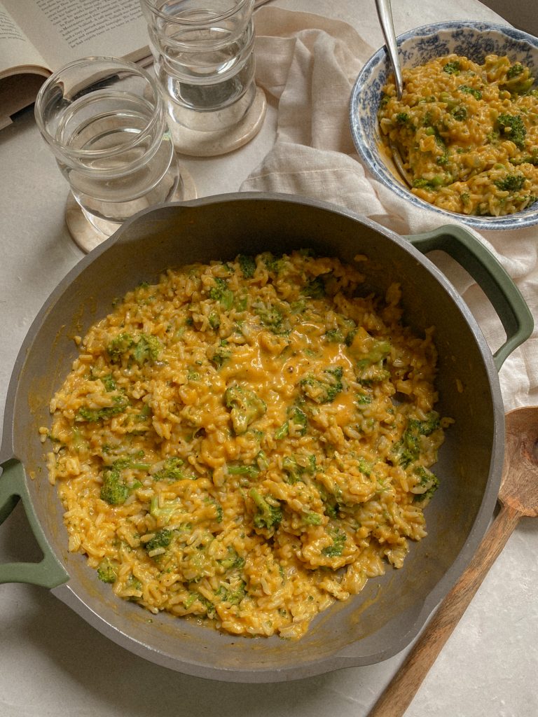 A Pot of Cheesy Vegan Rice with Broccoli