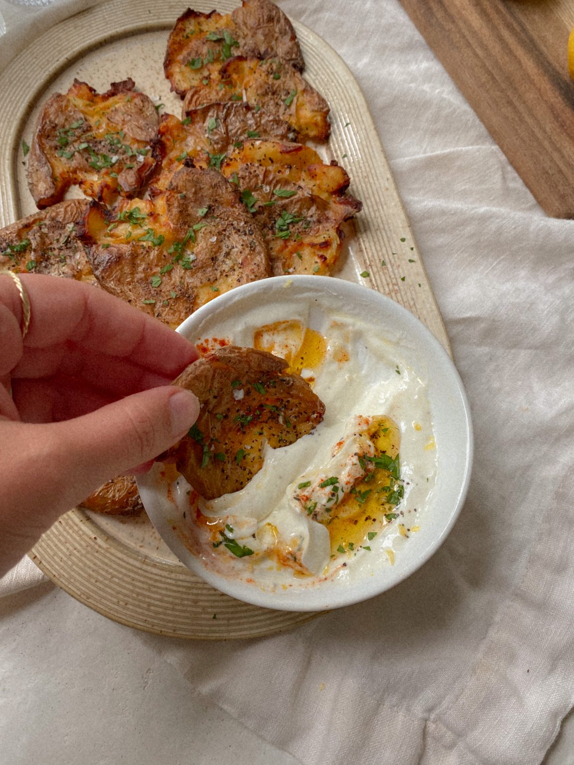 Crispy Smashed Potatoes with Lemon Garlic Yogurt Dip