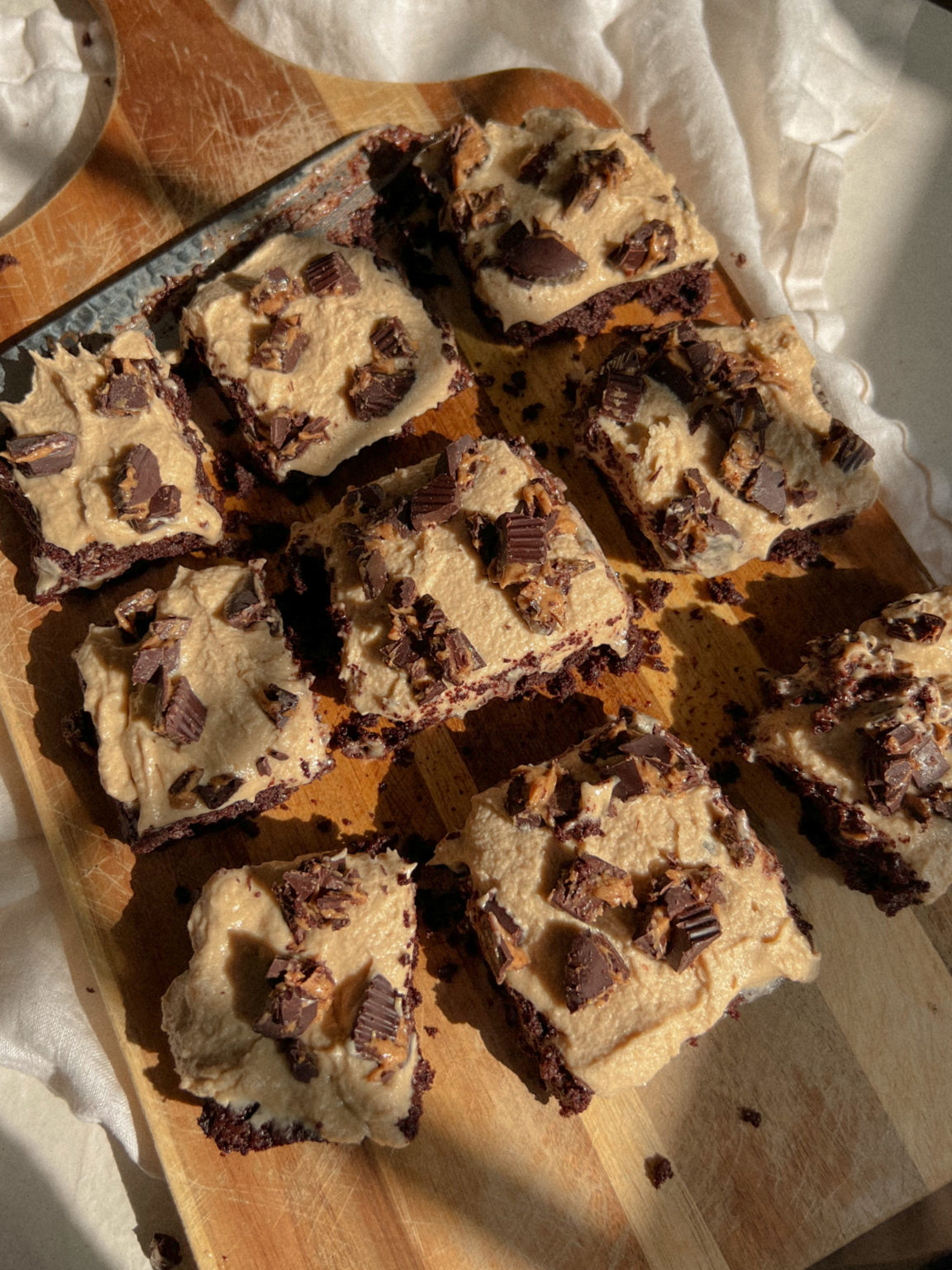Flourless Fudge Brownies with Peanut Butter Mousse Frosting